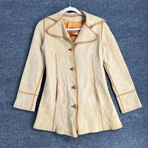 Vintage North Beach Leather Jacket Cream Whipstitch Button Up Hippie Pockets
